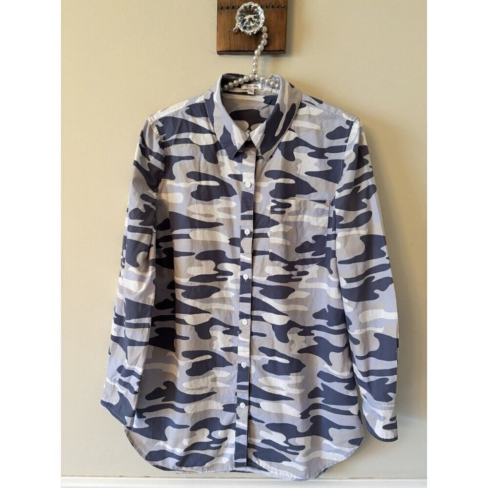 Tyler Boe Womens Size M Blue Gray Camouflage Blouse Long Sleeve